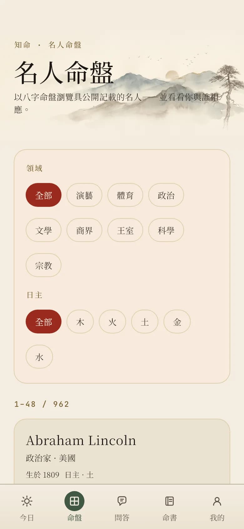 知命 App 的名人命盤畫面：可按領域與日主篩選的名人目錄。