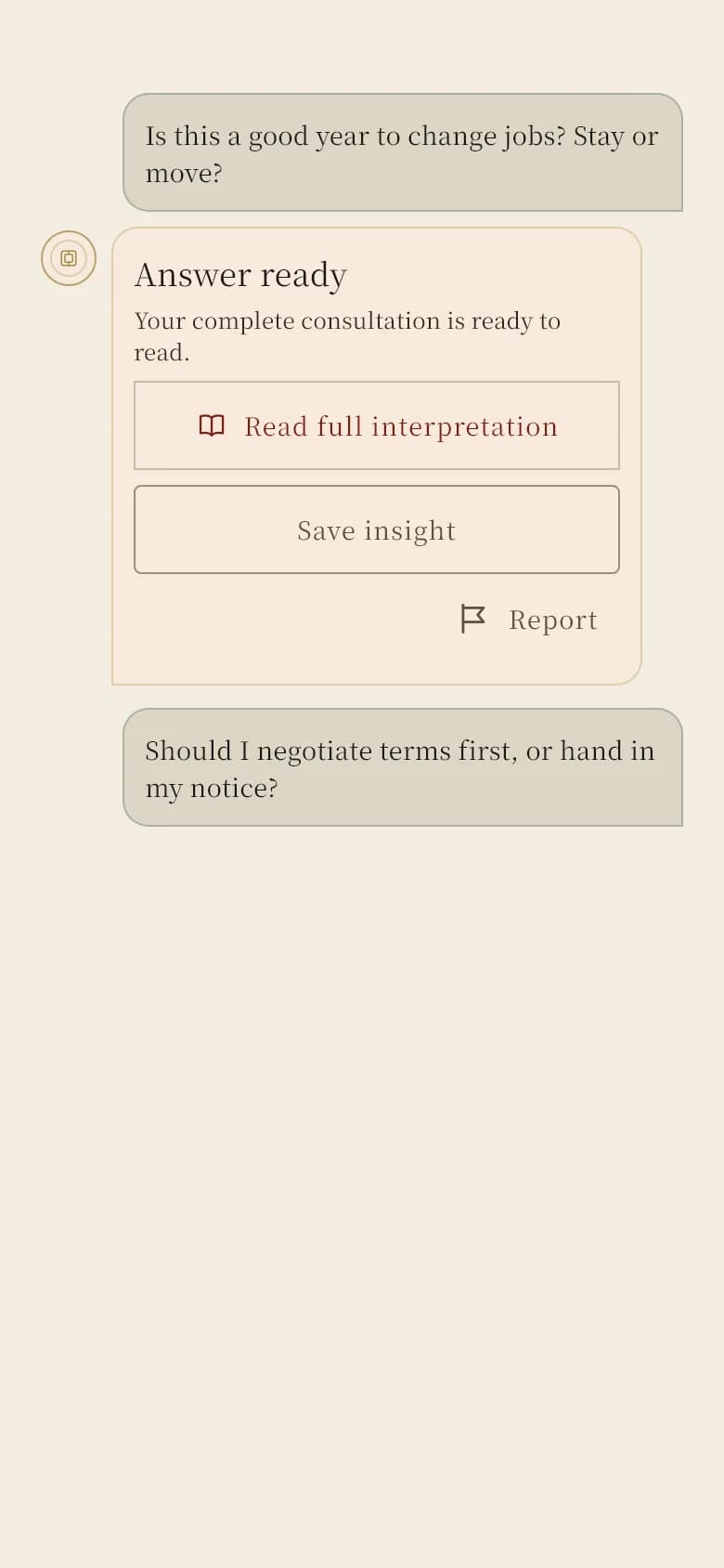 The Mingful app’s ask screen: a question about the timing of a career change, with the answer ready to open.